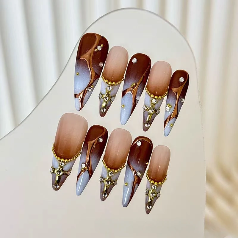Handmade Manicure Wearing Manicure Maillard Color Brown Hand-painted Gradual Change Personality Design Nail Press On
