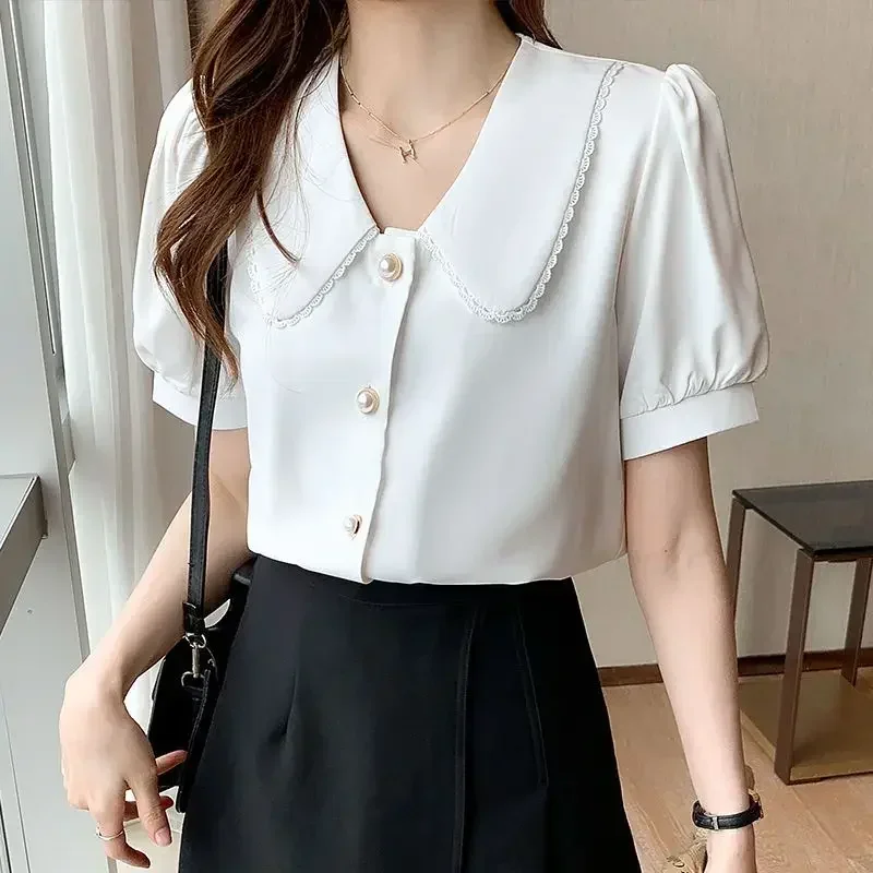 TPJB New Summer New Lace Doll Neck Chiffon Shirt Tops Puff Sleeve Loose Solid Color Blouse Simplicity Fashion Women Clothing