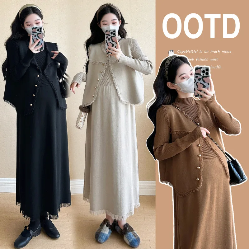 

Наряд для беременных, осенний винтажный элегантный нежный стильный мягкий жилет и водолазка с длинным рукавом и высокой талией, комплект из двух предметов