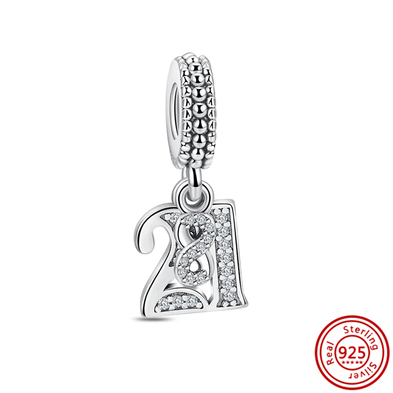 Pendentif en forme de cœur en argent 925, numéro porte-bonheur, perles brillantes, convient au bracelet à breloques Pandora original, bijoux fins, 15, 16, 18, 20, 40 ans