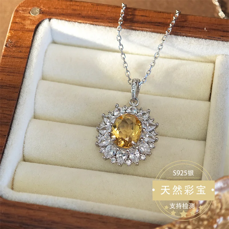 Original Authentic Sterling Silver 925 Pendant Citrine Gemstone Natural Women Necklace Fine Fashion Gorgous  Jewelry
