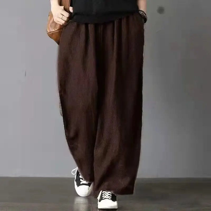 2023 New Spring and Summer Leisure Vintage Zen Pure Cotton Art Style High Waist Pocket Oversized Lazy Wide Leg Pants for Women