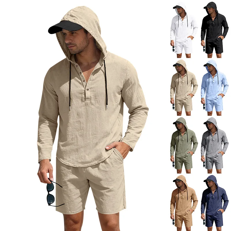 

Mens Summer Cotton Linen Hooded 2 Piece Set Loose Thin Drawstring Long Sleeve Top And Shorts Casual Outfits
