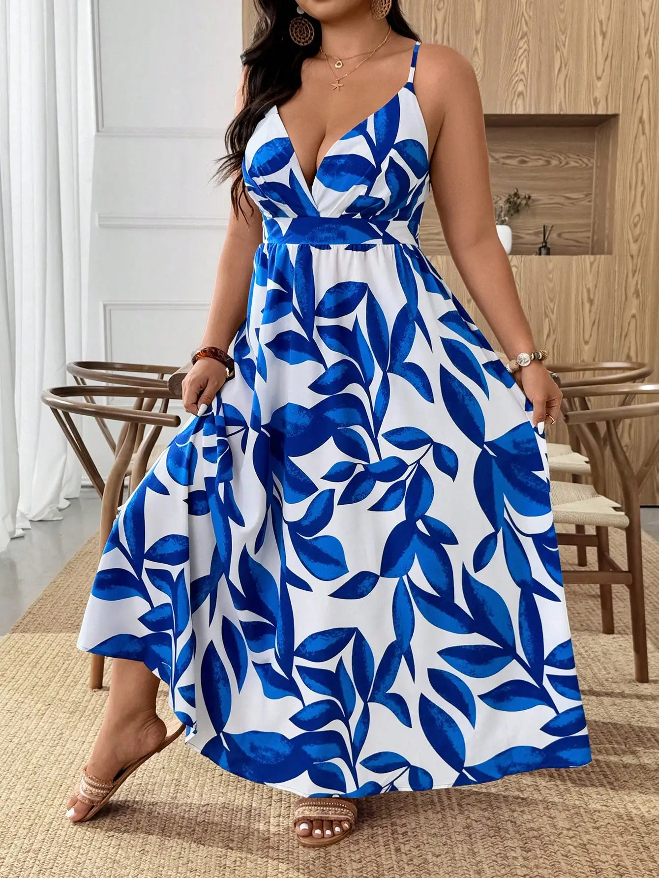 

Blue White Floral Print Sleeveless V-Neck A-Line Maxi Dress Casual Beach Holiday Summer