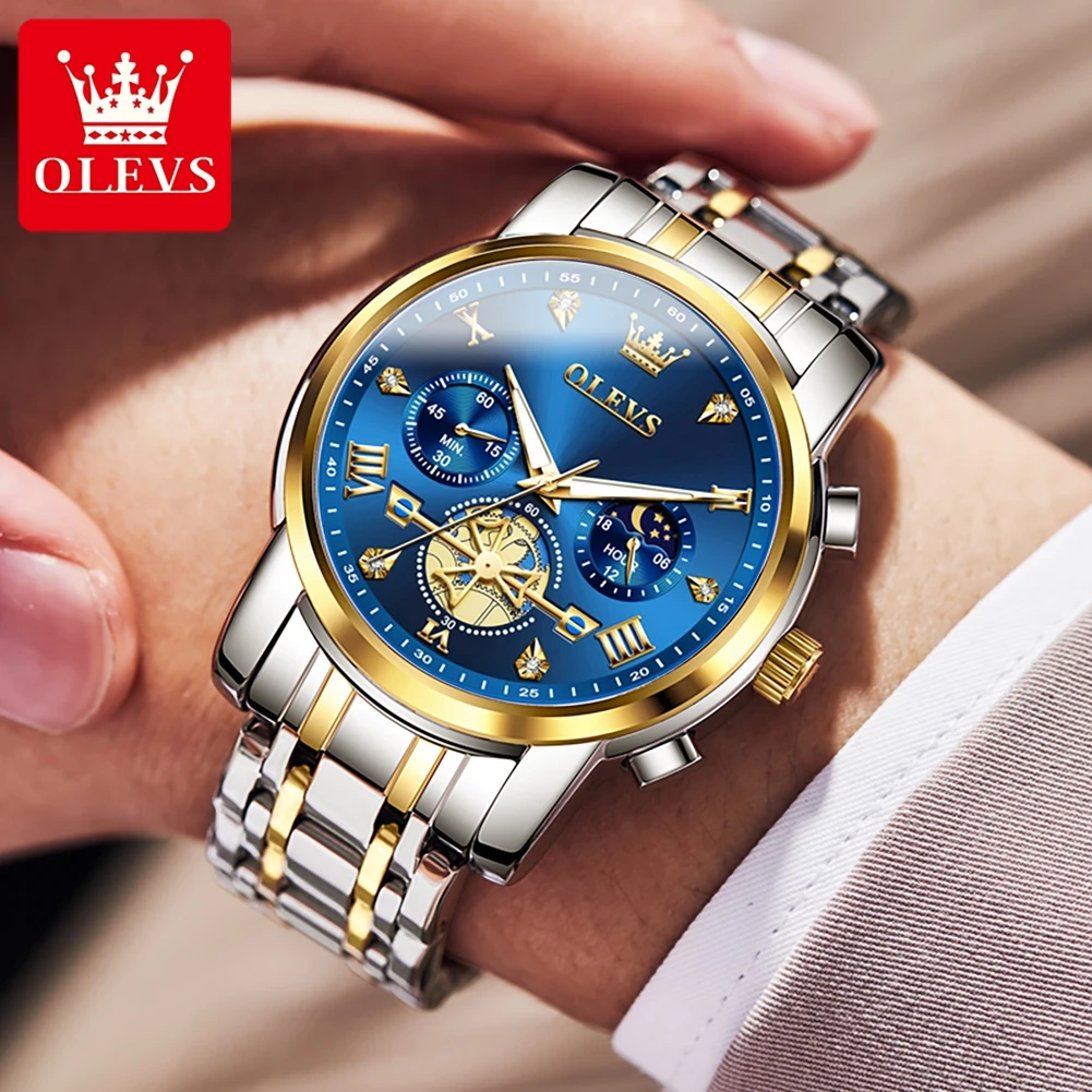 OLEVS Origianl Quratz Watch for Men Multifuntional Chronograph Moon Phase Men\'s Wristwatch Luxury Flywheel Design Man Watch 2856