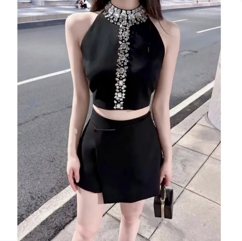 High Street French Luxury Diamonds Beading Fashion Two Piece Set For Women Hotsweet Crop Top + Irregular Skirt 2 Piece Suits