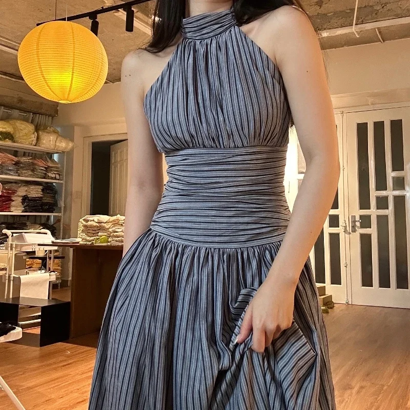 WhereMery エレガントなストライププリント O ネックハイウエストプリーツロングドレス女性のセクシーな背中の開いたノースリーブ 2025 夏のビーチドレス