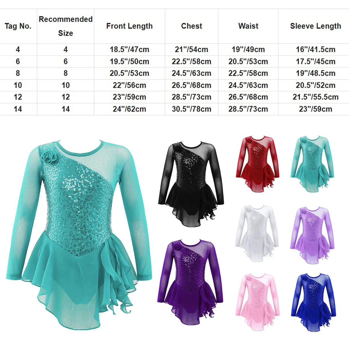 Sequin Floral Figure Ice Skating Dress Child Girls Long Sleeves Cutouts Back Ballet Gymnastics Leotard Ballroom Dance Costume