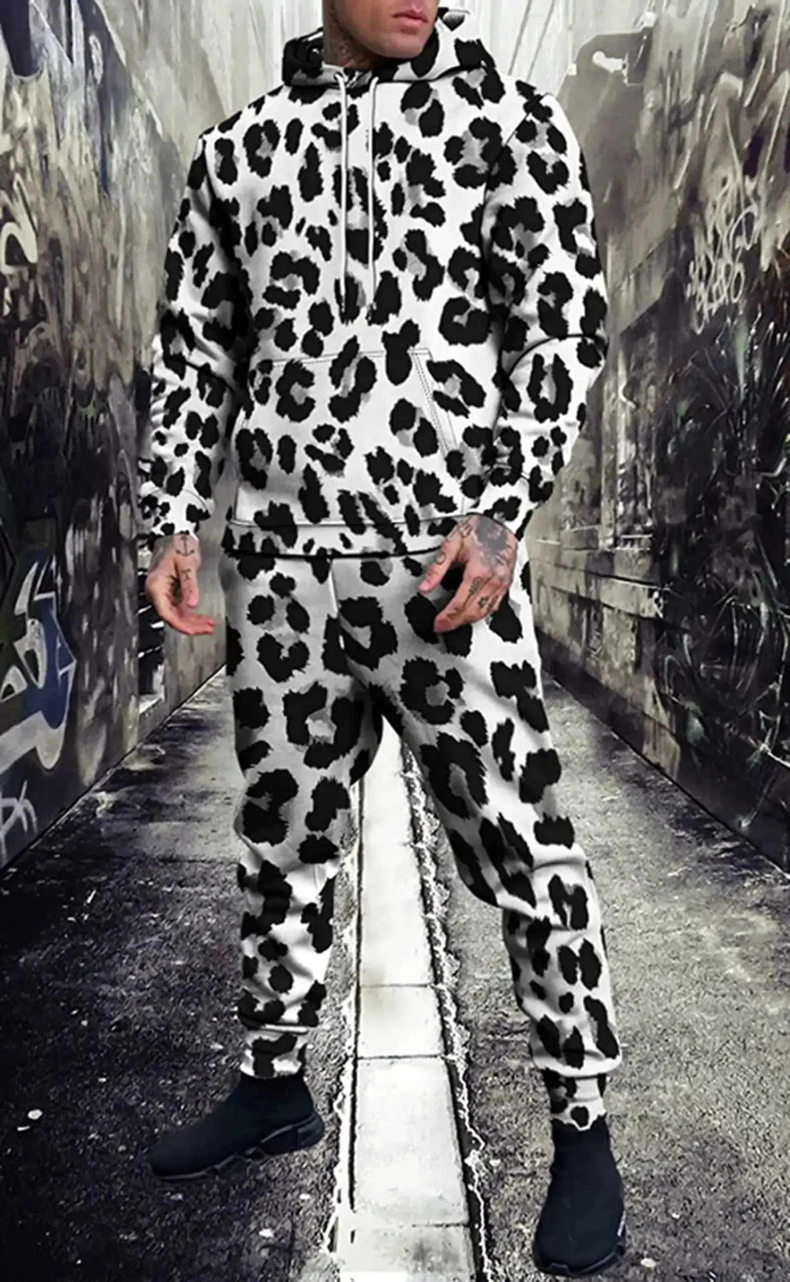 레오파드 3D 프린트 후드티 바지 세트 남성 캐주얼 스웨트셔츠 후드티 스웨트팬츠 스포츠웨어 투피스 수트 트랙수트 남성 의류