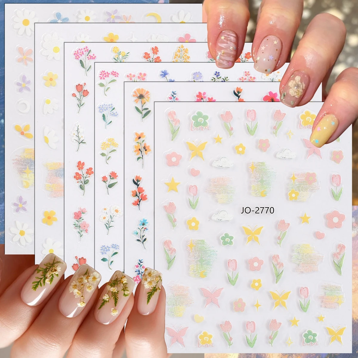 3/6/12 Blatt Pastellfarbene Blumen-Nagelaufkleber Gänseblümchen Tulpe Schmetterling Mond Stern Nagelsticker 3D Geprägt Selbstklebend