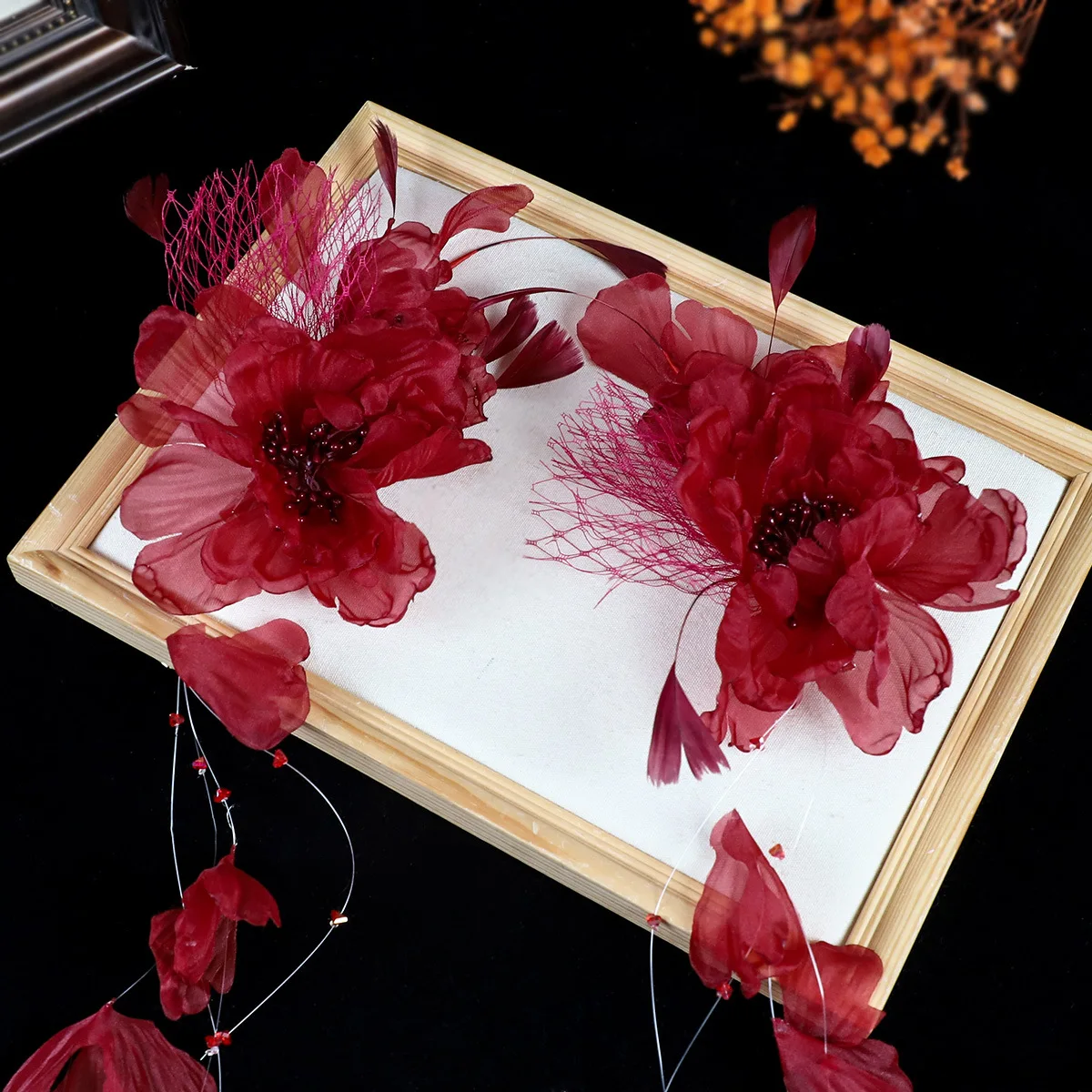 New arrival bridal headwear burgundy flower tassel clip super fairy feather ribbon dress toasting dress wedding accessories