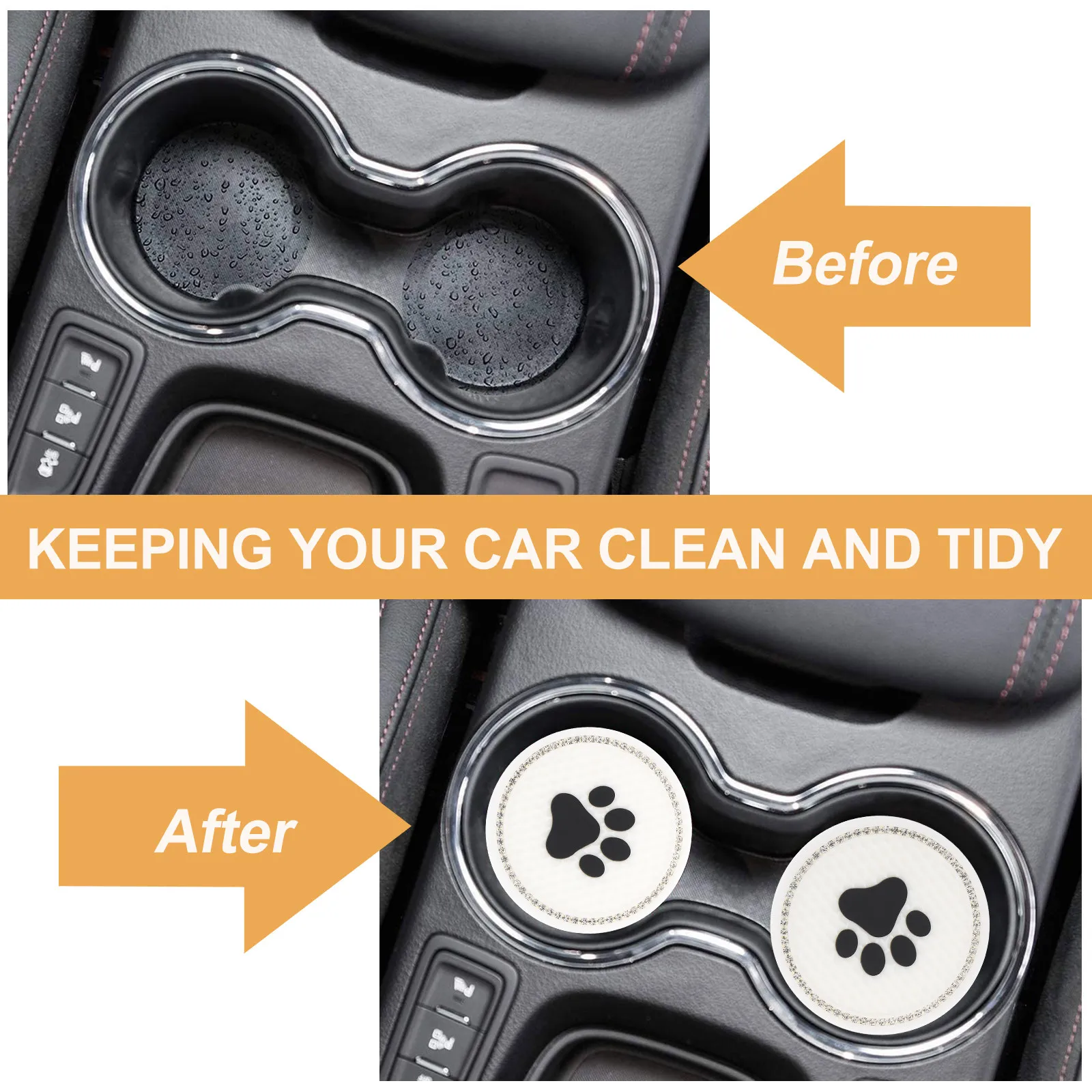 

2Pcs Non-Slip Car Coasters Cat Paw Pattern Luminous Diamond-Encrusted Cup Mats for Vehicle Auto Interior Home Office Use