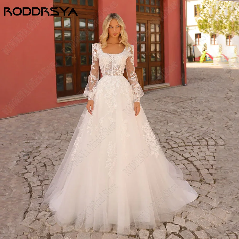 RODDRSY Civil Wedding Dress Princess Square Collar Puff Sleeves Bride Gowns Lace Applqiue Sexy Backless A-Line vestido de noiva