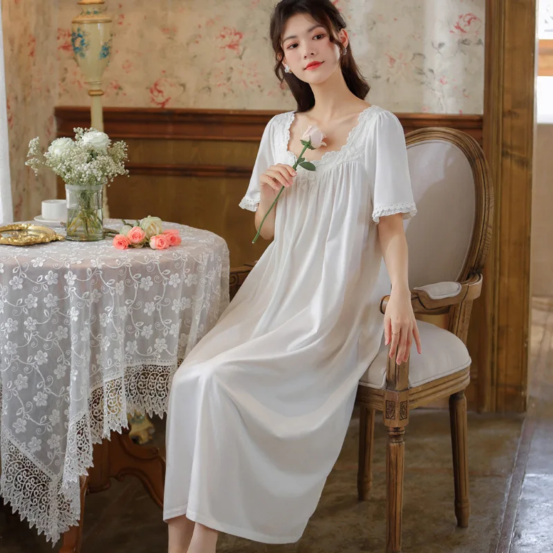 Sweet Ruffles Cotton Long Night Dress Women Summer Short Sleeve Loose Peignoir Sleepwear Princess Vintage Victorian Nightgowns