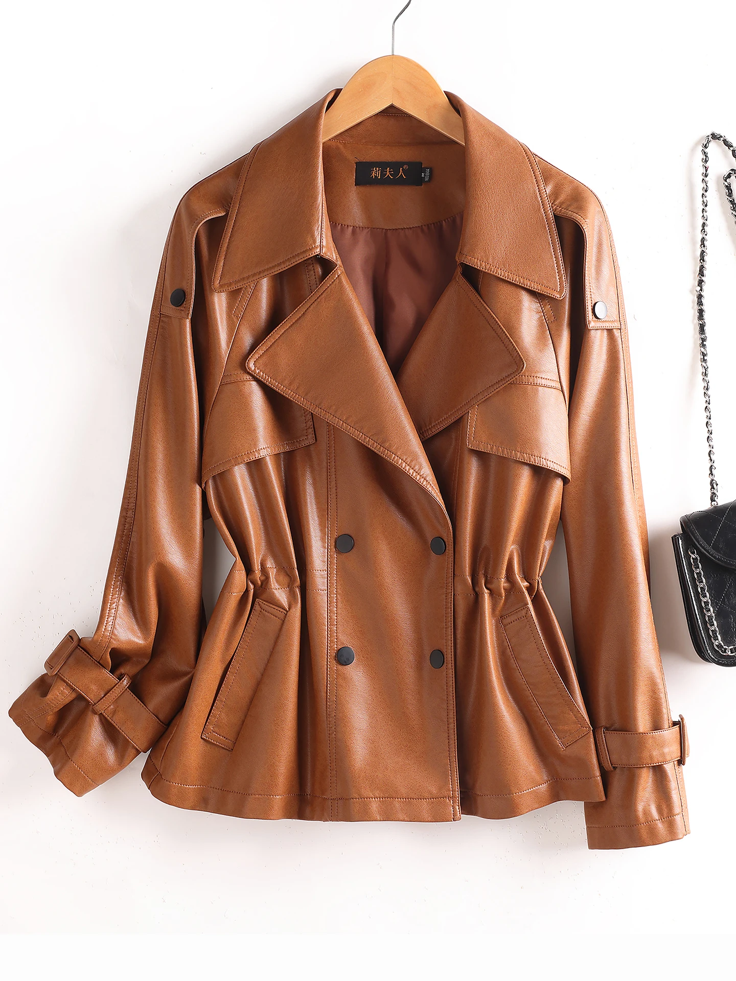 

Женская приталенная куртка из натуральной овчины Ele ort, повседневная осенняя верхняя одежда с двойной застежкой на пуговицах