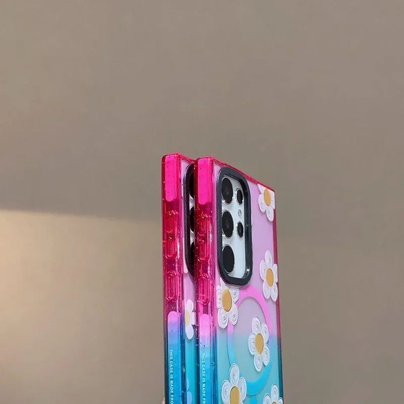 Daisy Flower Colorful Border Magnetic Acrylic Case for Samsung Galaxy S22 S23 S24 Ultra S24+ Plus Protective Shell