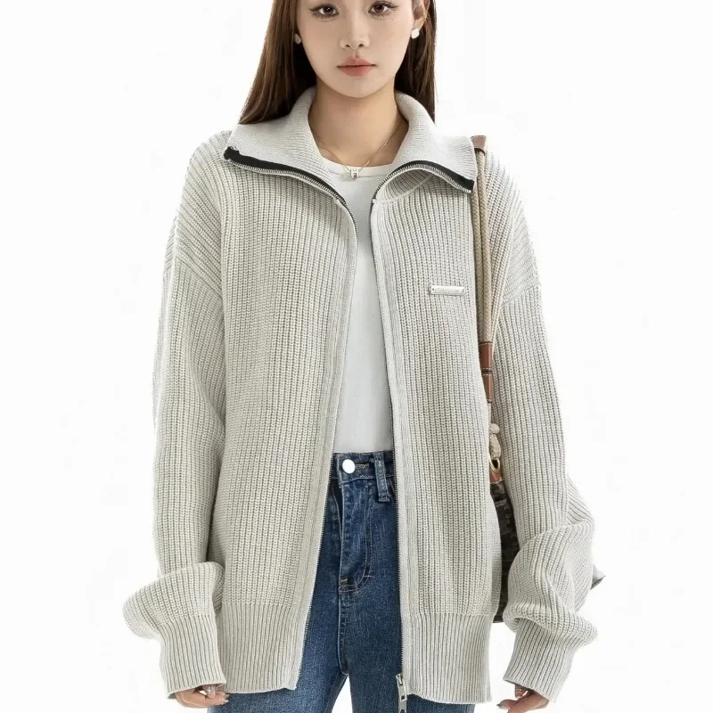 Lapel Zipper Sweater Women's Autumn/Winter Stand Collar Cardigan Loose Cozy Warm Casual Knit Coats British Style Simple Jumpers