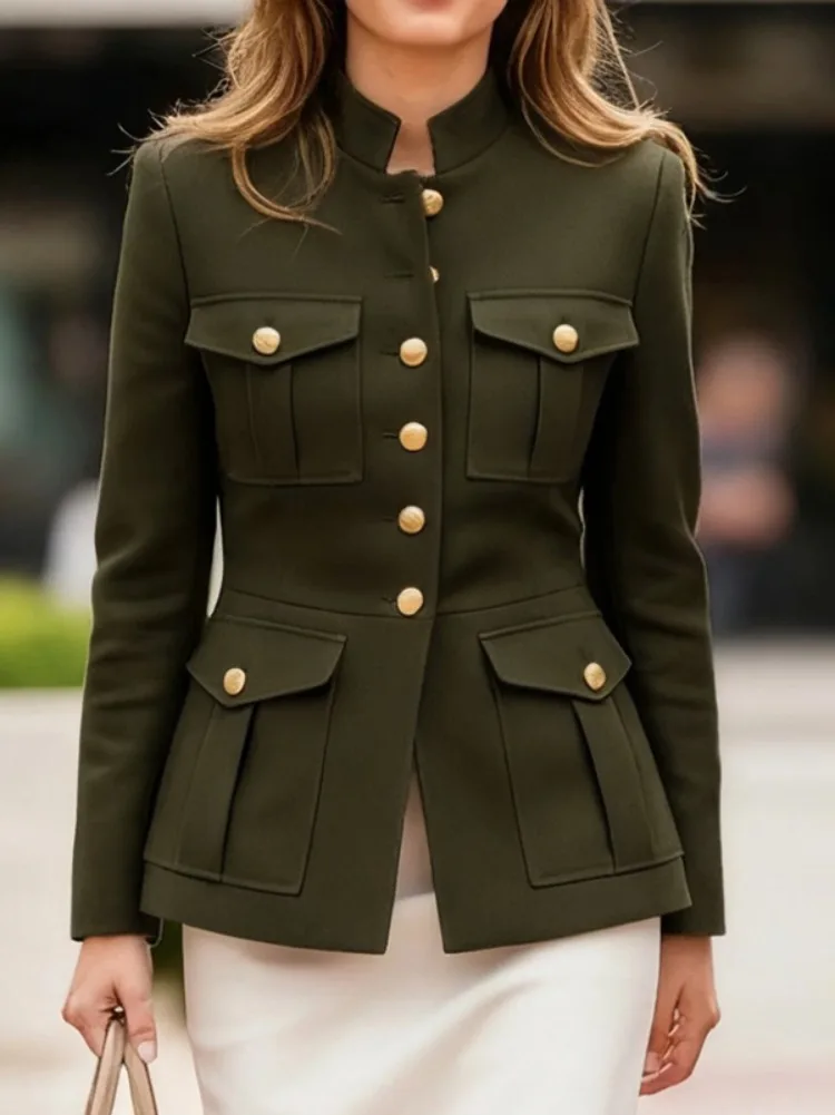 

UOOZEE Women's Military Style Jackets Army Green Stand Collar Gold Button Slim Fit Multi-Pocket Casual Office Blazer Outerwears