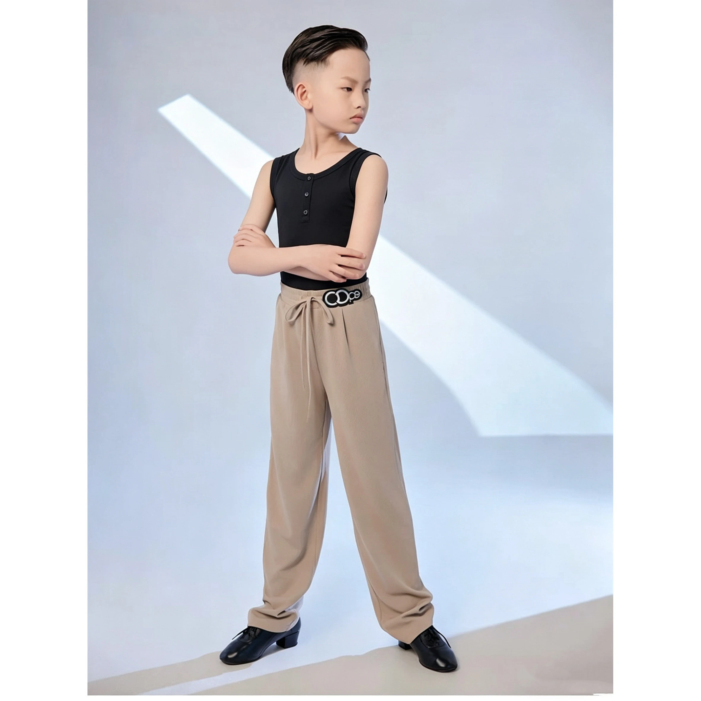 

Kids Latin Dance Practice Clothes Boys Summer Chacha Rumba Dance Training Wear Black Vest Khaki Pants Professional Dancewear
