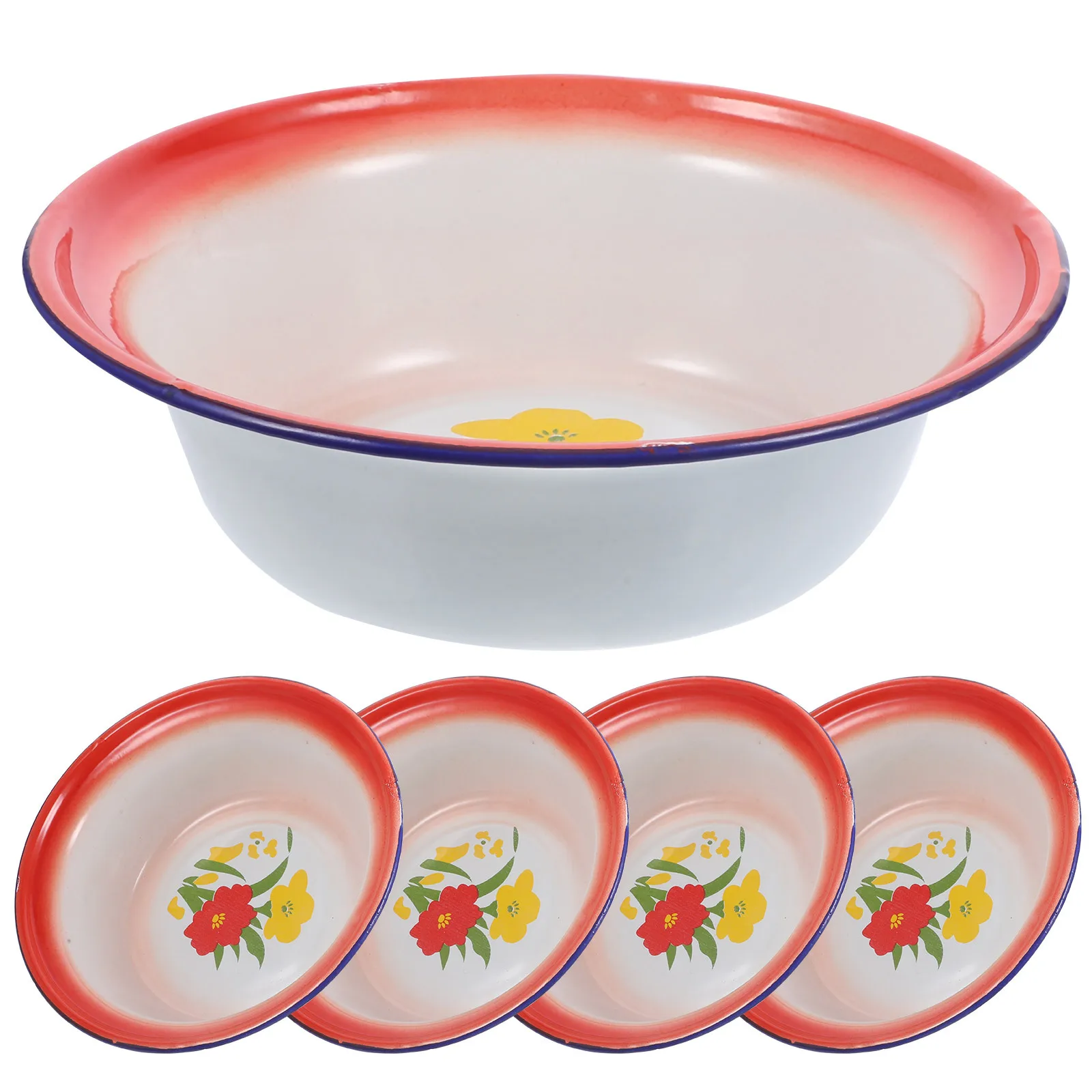 

5pcs Vintage Enamel Bowls Thicken Retro Kitchen Basin For Salad Soup Noodle Camping Dough Mixing Serving Bowl Deepen Food