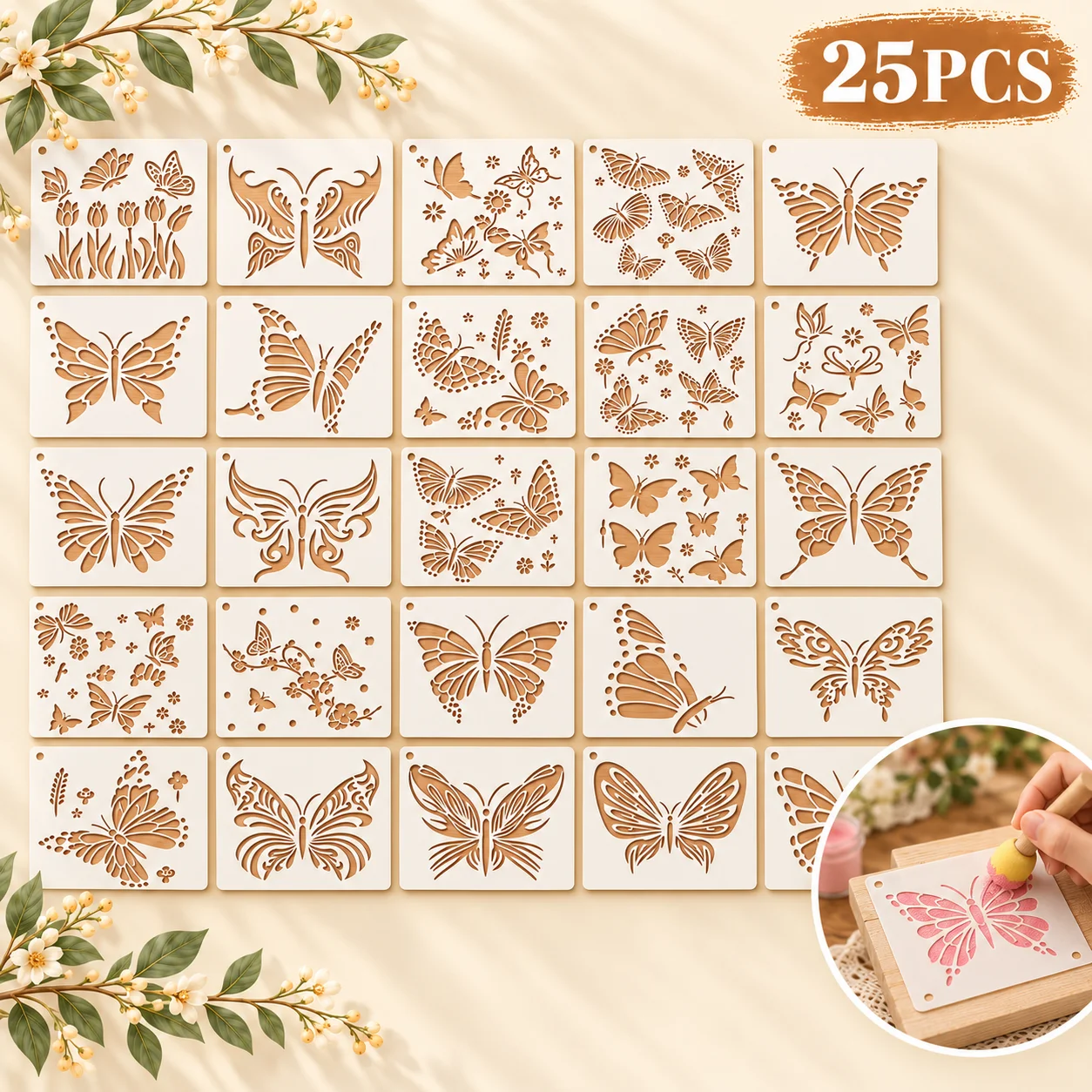 25PCS Butterfly Stencils Reusable Painting Templates Floral Butterfly Patterns for Wall Wood Fabric Card Making DIY Crafts Home