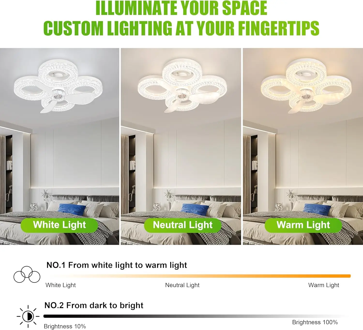 Dual Base Ceiling Fan Light E27 Stepless Dimmable 3 Speeds Timer Remote LED Lamp for Bedroom Living Hall Kitchen Dining Decor