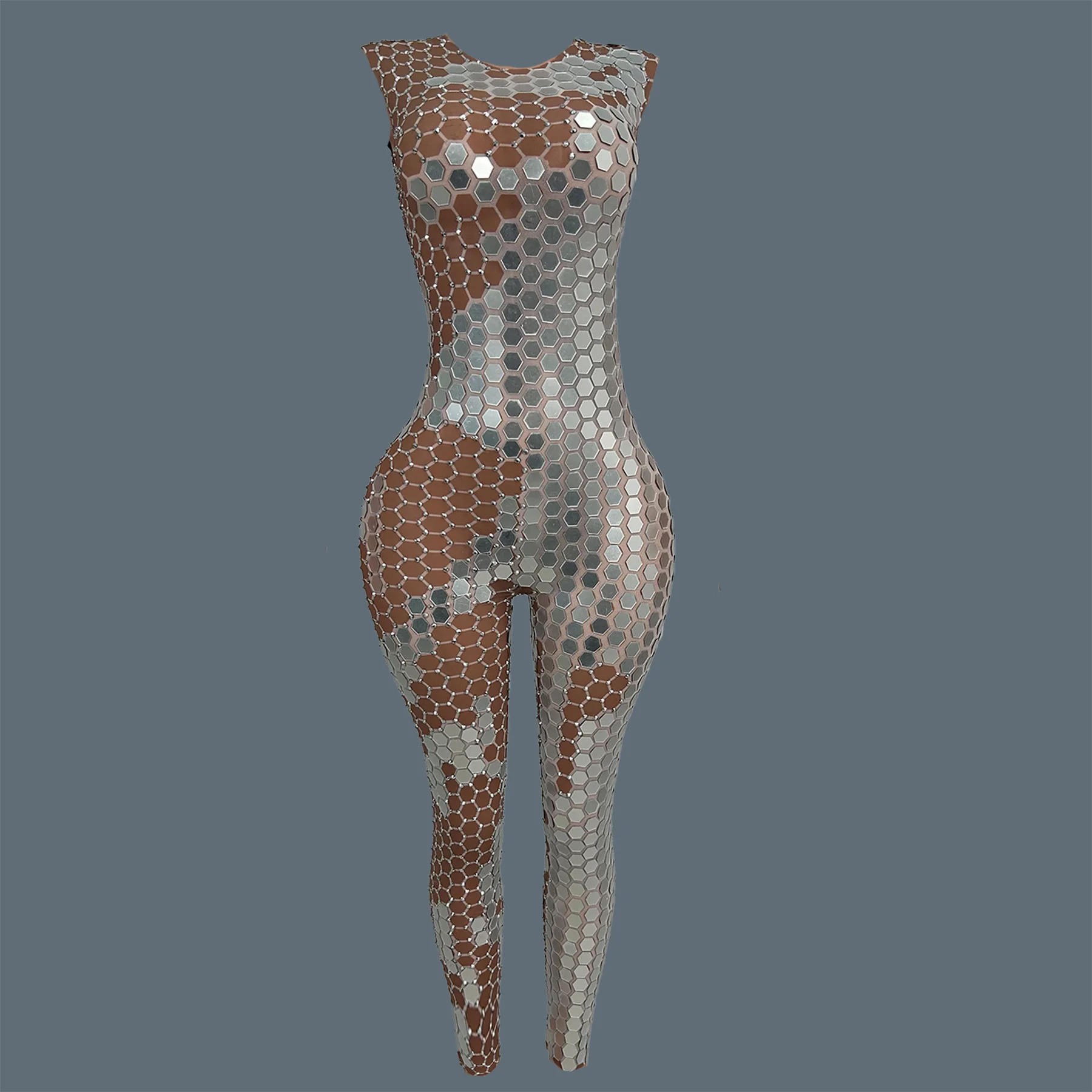 

Sparkly Silver Mirrors Mesh Tight Fitting Sleeveless Jumpsuit Women Sexy Nightclub Party Outfit Dance Show Stage Wear Yinpianku