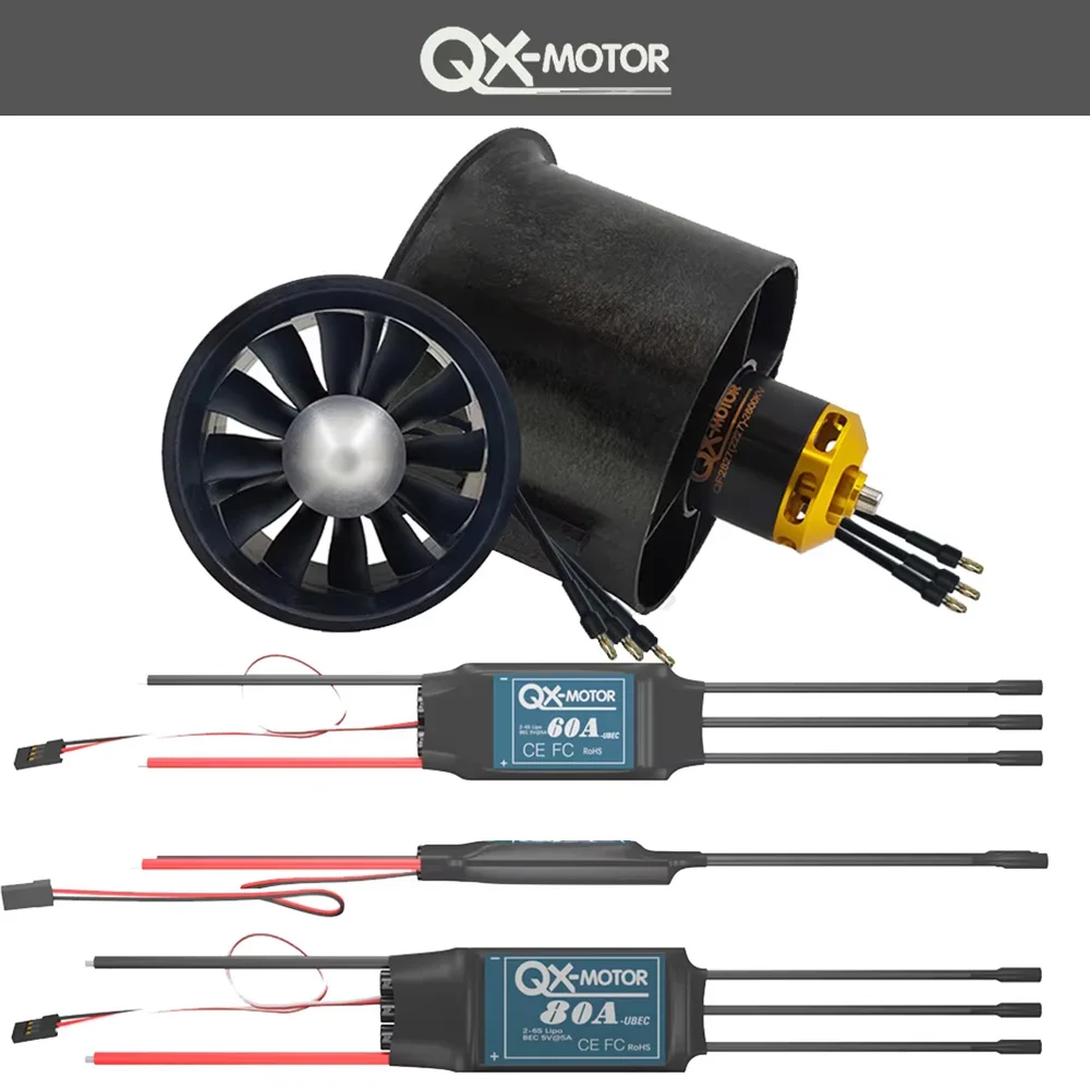 QX-MOTOR 70mm EDF 12 ostrza wentylator kanałowy w/silnik bezszczotkowy 1800kv 2600kv i 60A/80A ESC do systemu moc silnika samolotu FMS RC