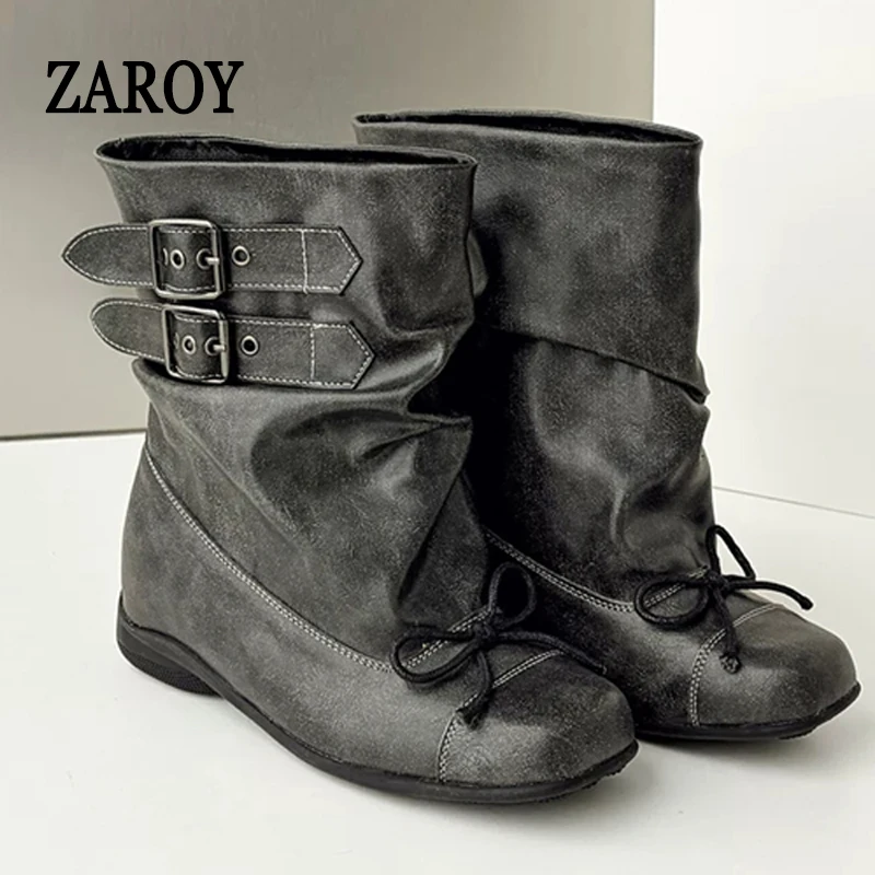 

ZAROY Designer Women Ankle Boots Autumn Winter Vintage Punk Buckle Flat Motorcycle Boots Butterfly Knot Modern Chelsea Booties