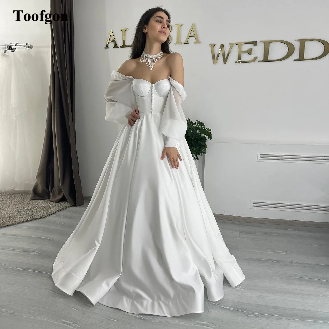 Toofgon A Line Satijnen Trouwjurken Chiffon Lange Mouwen Veterparels Bruid Bruidsjurken Feestjurk Robe De Mariée