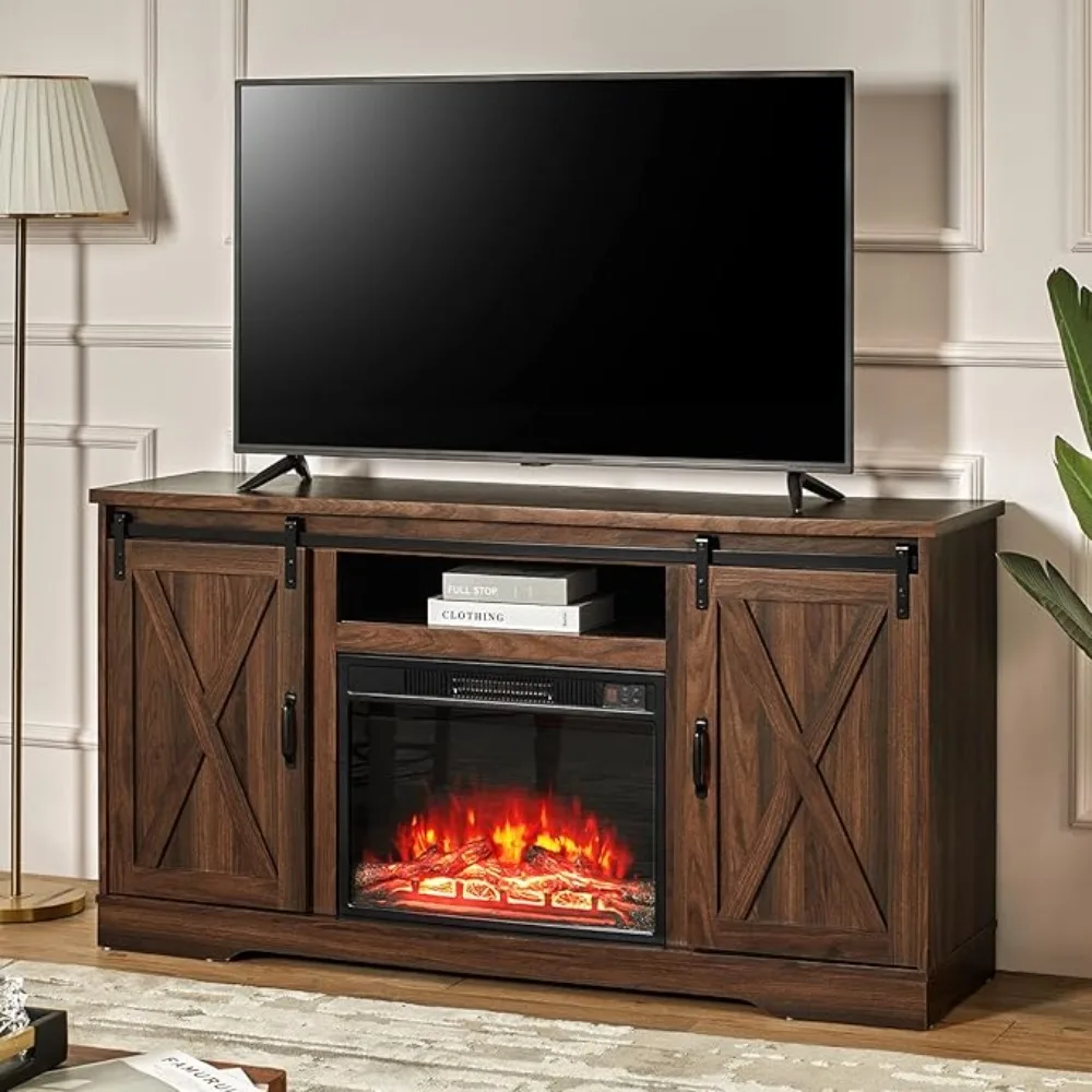 

Fireplace TV Stand with Sliding Barn Door for TVs up to 73", Farmhouse 63" Fireplace Center with Storage Cabinets