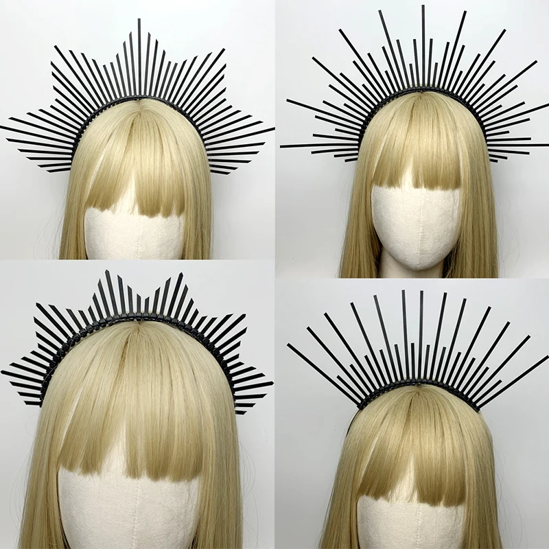 Black Halo Crown Headband Sun Goddess Crown Bohemian Wedding Halloween Accessories Plastic Spike Headdresses DIY Lolita Tiara