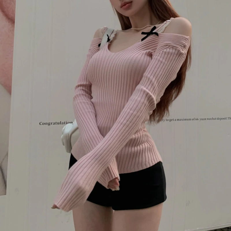 Fake Two-piece Strapless Bow Sexy Long-sleeved Sweater Women 2024 Spring New Korean Contrast Color Lace Splicing Knitted Tops