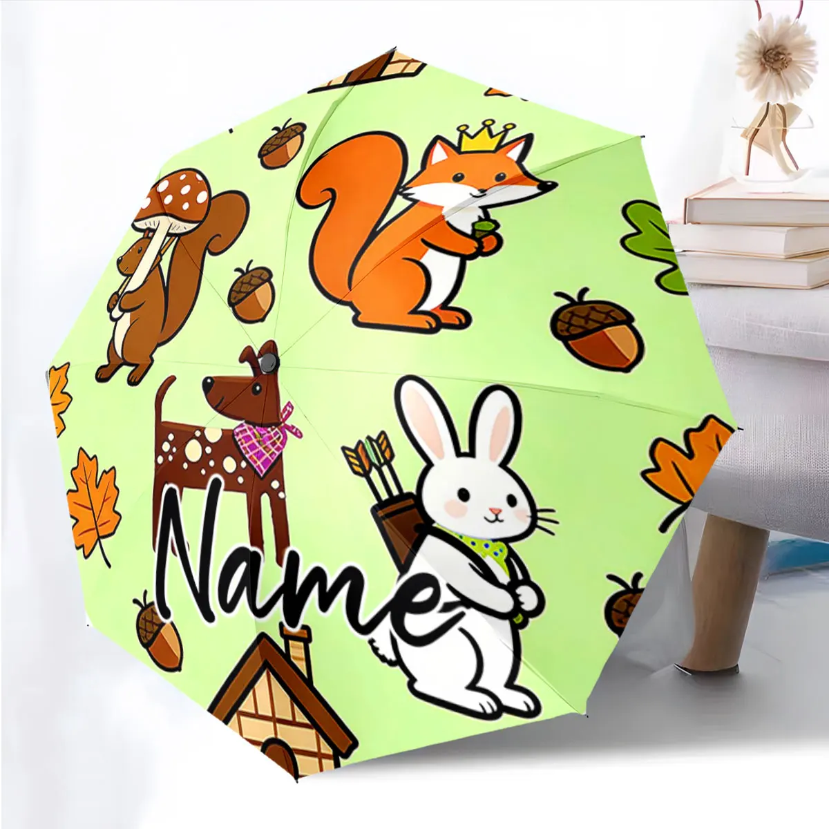 Custom Name Whimsical Animal Print Umbrella for Kids Print 8 Iron Ribs Folding Umbrella Auto-Open Fashion Sunshade