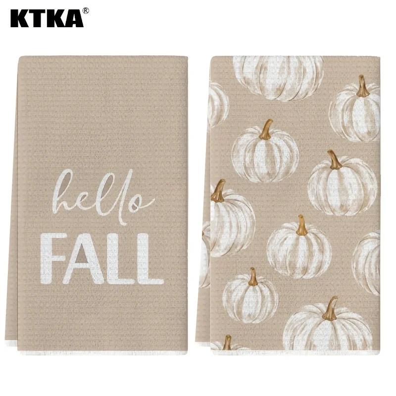2/4 Neutral Beige Autumn Hello Fall White Pumpkin Kitchen Towels