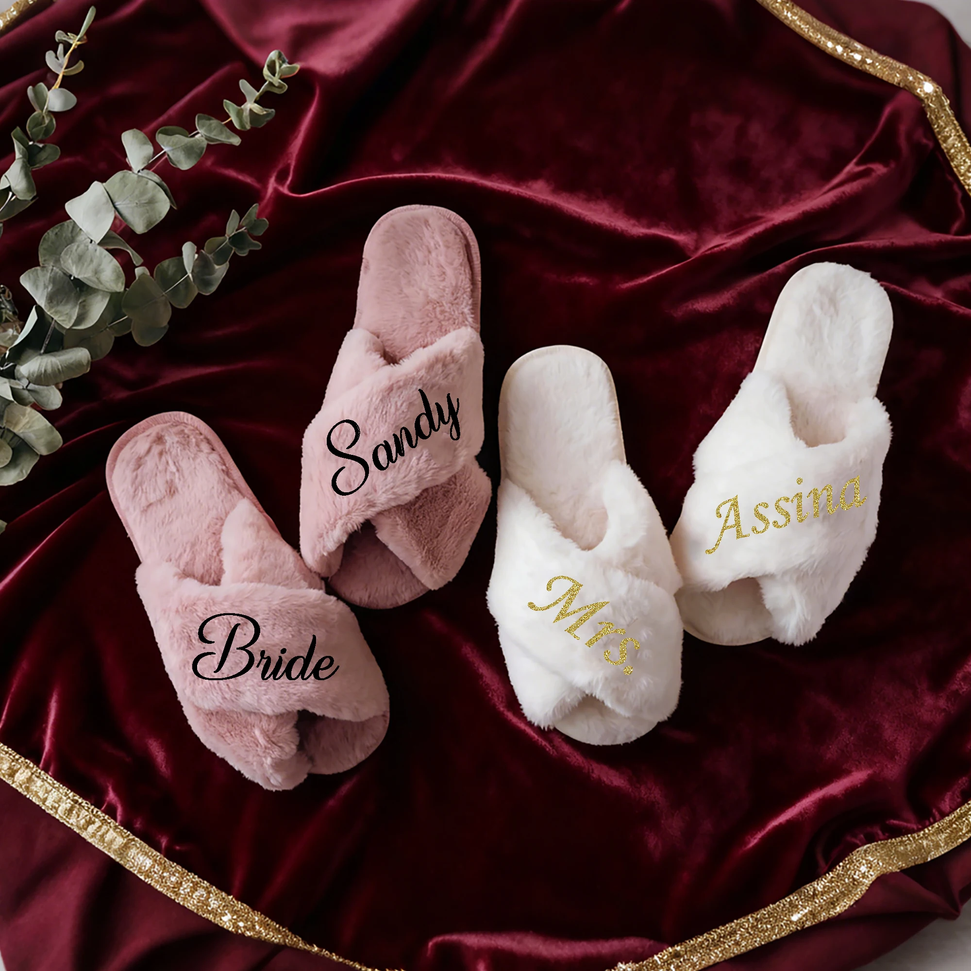 Custom White and Pink Plush Bridal Slippers, Plush Cross Slippers, Bridal Shower, Personalized Wedding Plush Slippers