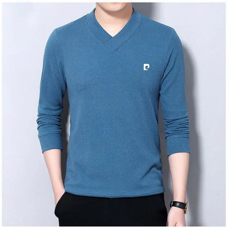 2023 Autumn and Winter Minimalist Casual Loose V-neck Solid Long Sleeved Men's Pullover Oversized Double-sided Velvet T-shirt