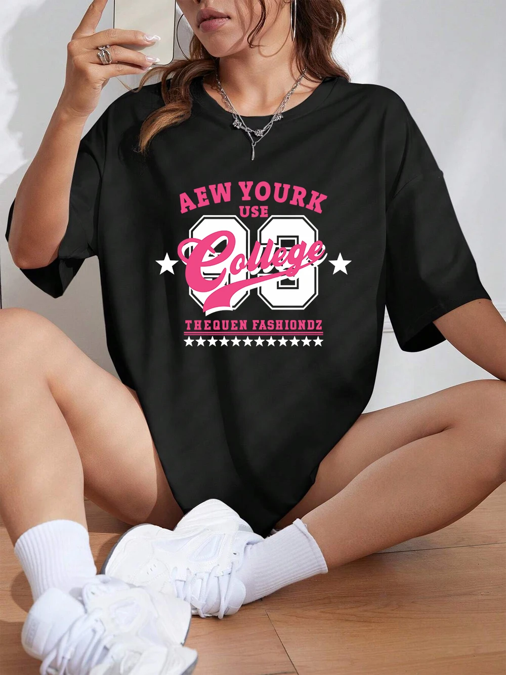 

Aew Yourk Use College Letter Prints T-Shirt Women Cotton Summer Short Sleeve Tees Comfortable Loose O-Neck Tops Casual Clothes