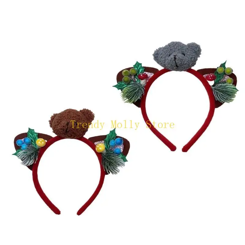 N5KB 크리스마스 귀 머리띠 헤어 후프 크리스마스 곰 머리띠 크리스마스 헤어 밴드와 소나무 바늘 소나무 콘 헤어 액세서리