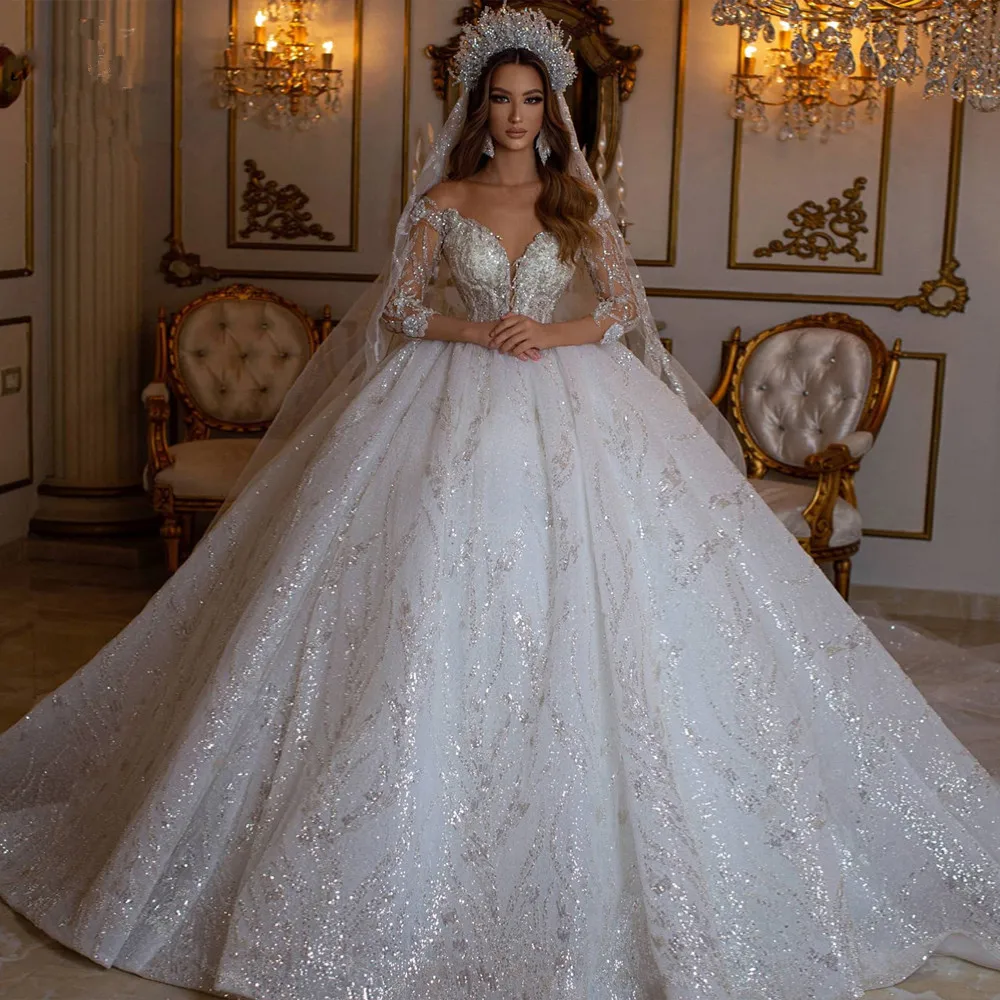 

Customized Luxury Ball Gown Wedding Dresses Long Sleeved V-neck Off The Shoulder Lace Sequined Bridal Gown Vestidos De Novia