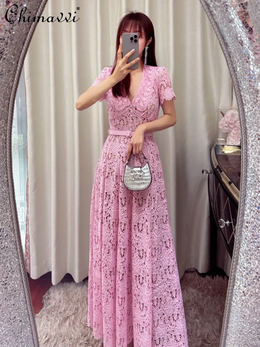 High-End Pink Lapel Sweet Waist Trimming Lace Dress Summer New Fashion High Waist Slim Short Sleeve Long Pattern Ladies Dress