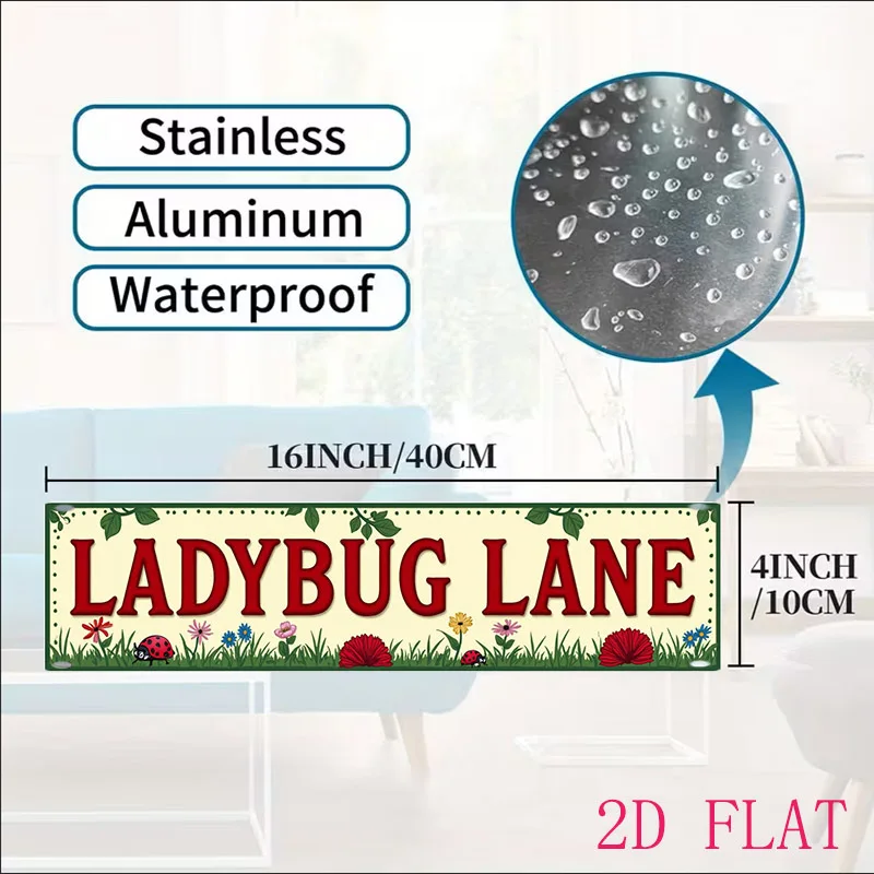 Inch Vintage Metal Aluminum Sign, Ladybug Lane Garden Sign, Cute Ladybug Floral Wall Art, Suitable for Courtyard, Balcony