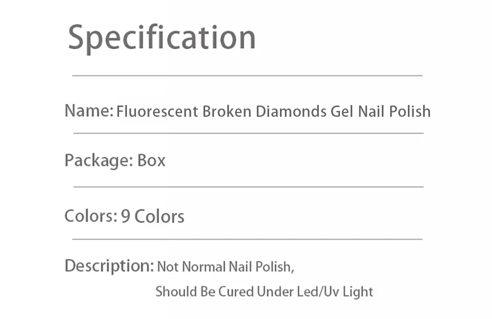 Vendeeni 9 Farben/Set Glitzer-Broken-Diamond-Gel-Nagellack, semi-permanenter fluoreszierender UV-LED-Soak-Off-Gel-Lack mit Display – Detail 10