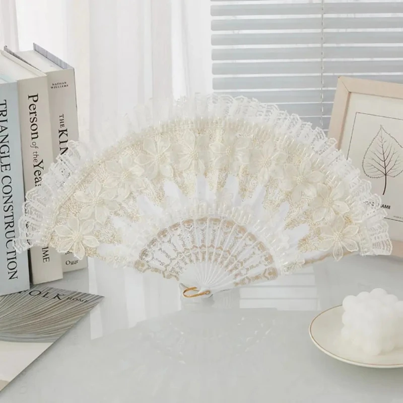 White Lolita Lace Hand Fan Handheld Retro Court Style Lace Folding Fan with Pearl Plastic Handle Bride Hand Fan Gift