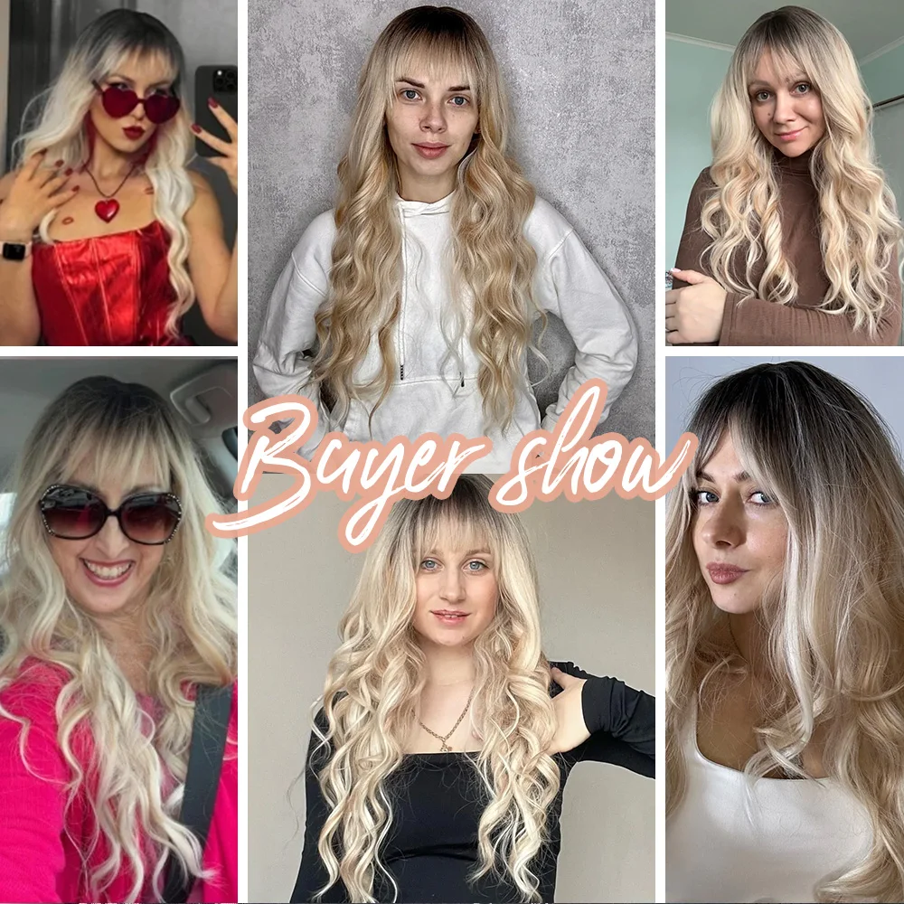 OneNonly Ombre Blonde Synthetic Wigs for Women Long Wavy Wigs with Bangs Daily Cosplay Party Use Heat Resistant Fiber