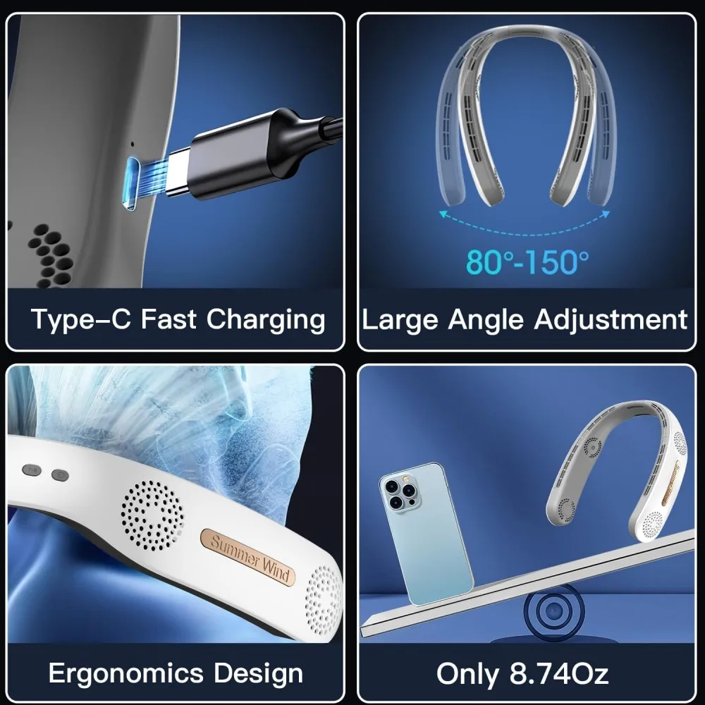 Ventilador de pescoço vestível de 4 turbina - 360 ultrilencioso °   Resfriamento, bateria de 4000mAh, 3 velocidades, seguro para cabelo - presente para família/amigos/colégio