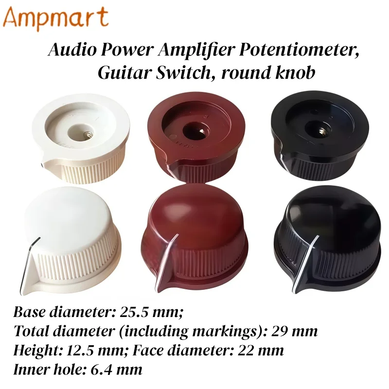 Bakelite and Plastic Knobs, 25.5 X 12.5 mm, for Audio Amplifiers, Speakers, Potentiometers, and Guitar Switches; Inner Hole: 6.4