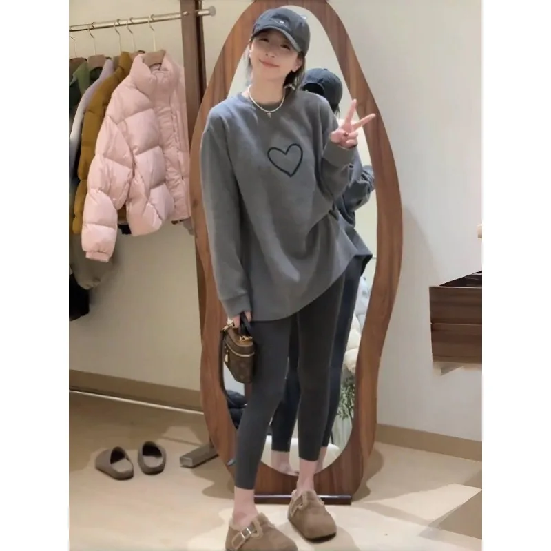 

Round Neck Pullover Love Print Thickened Long-sleeved T-shirt Women's Loose Mid-length Top