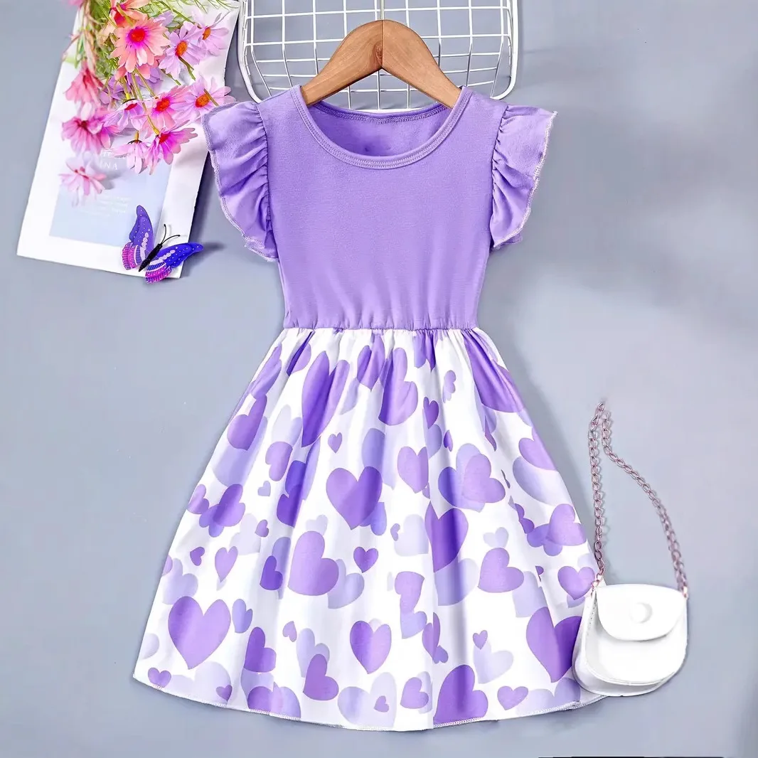 2026 Summer New Girls Dress Children Knitting Small Flying Sleeve Printed Heart Princess Dress 2-8Years Kids Casual Dress