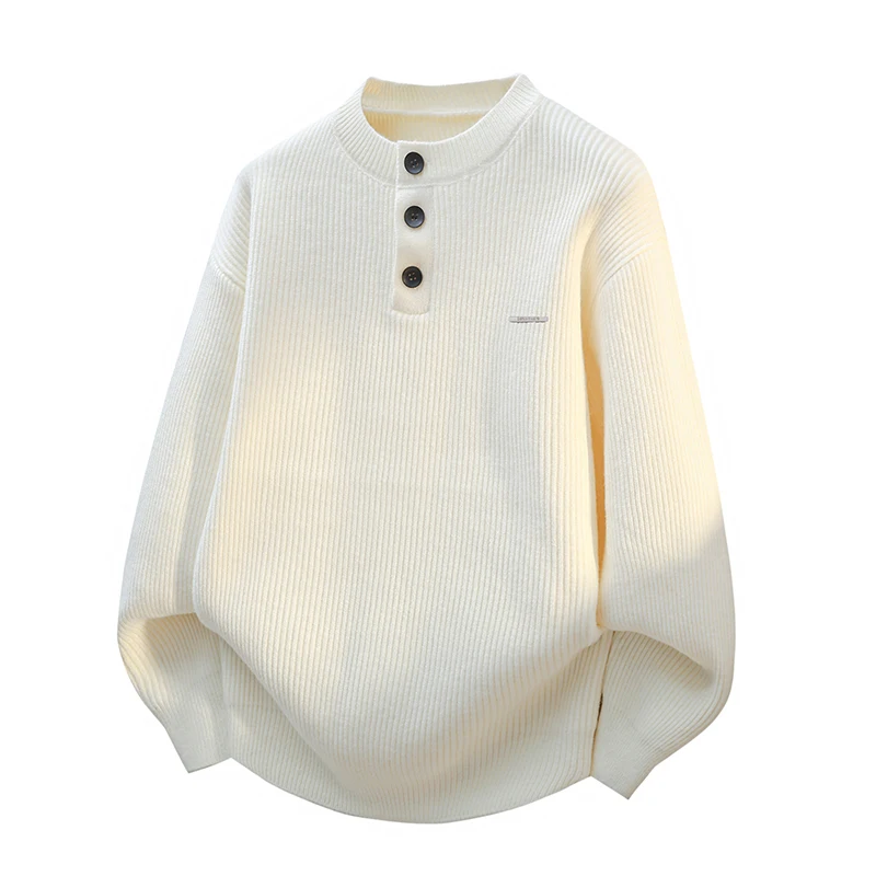 

Мужской вязаный свитер в стиле ретро, осенне-зимний, утепленный, свободного кроя, повседневный, с воротником хенли, с длинным рукавом